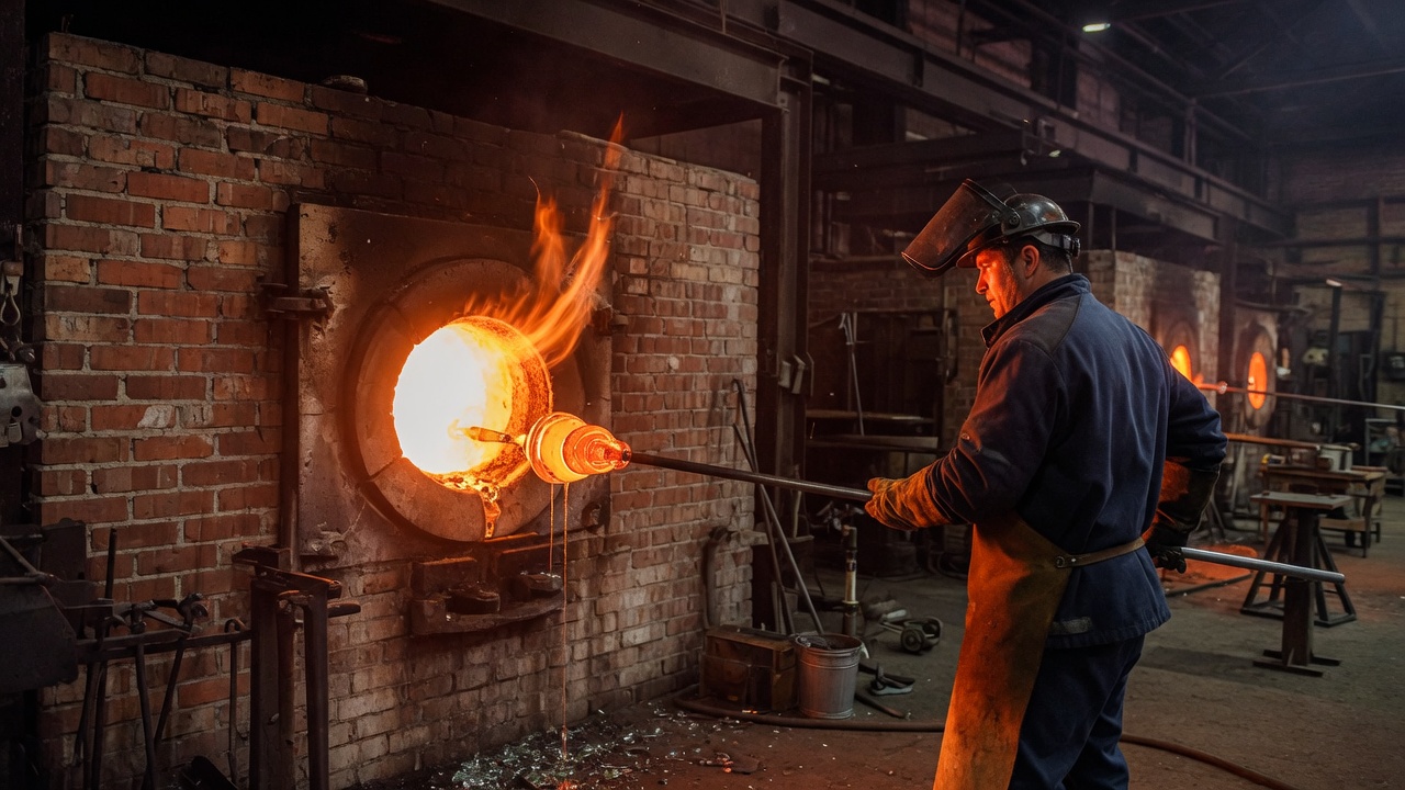 A glassblower gathering molten glass from a brick glory hole
