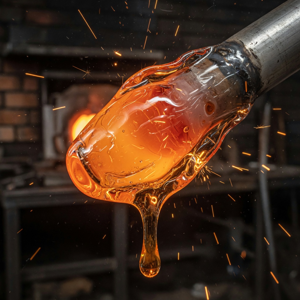 Molten glass gathered on a blowpipe