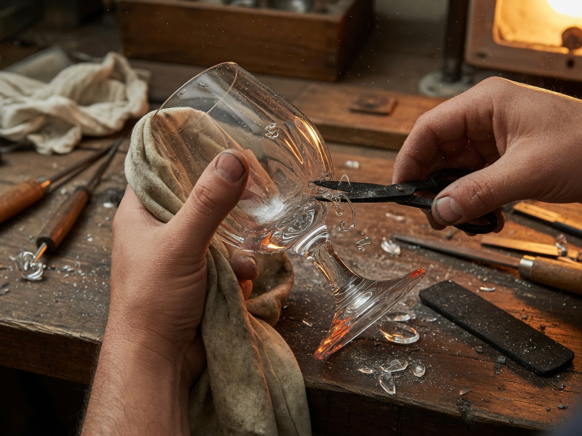 Hands finishing a goblet stem at the bench