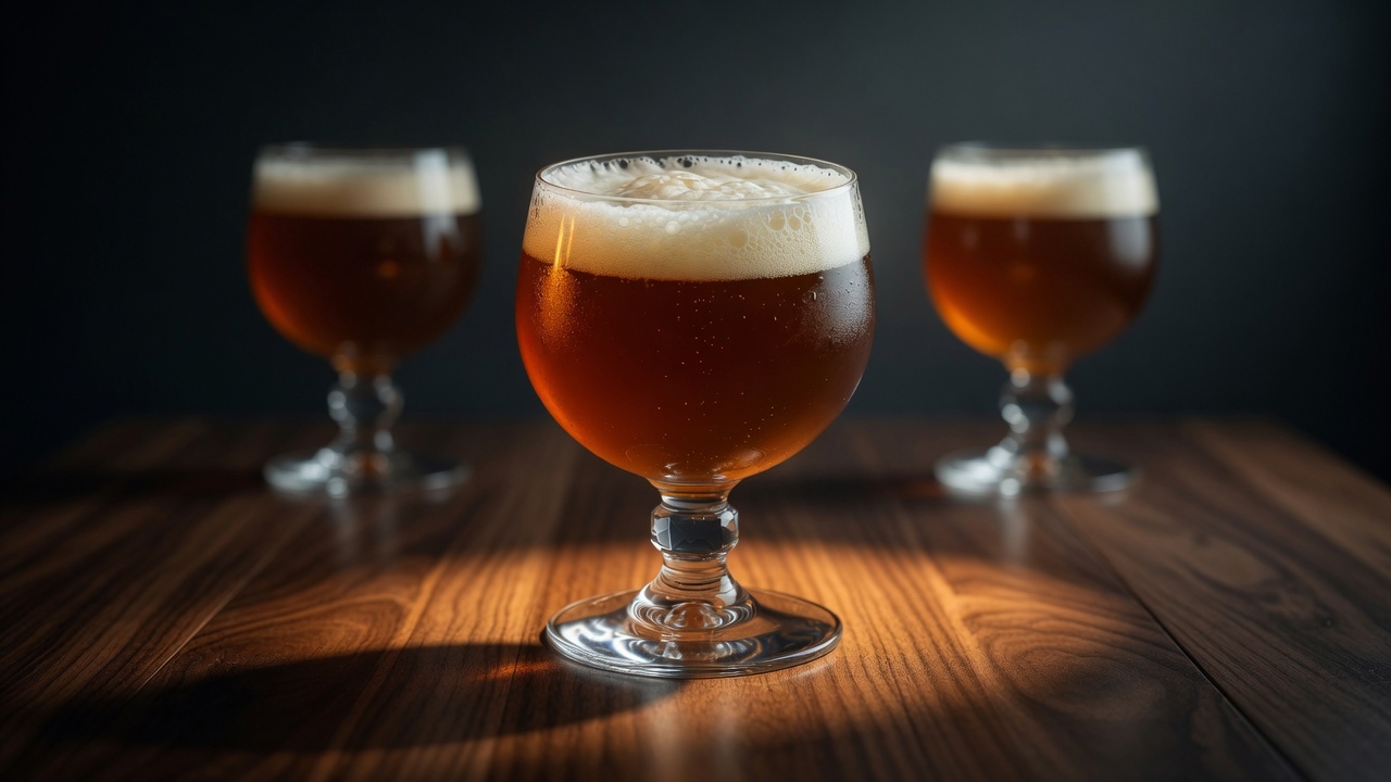 Three amber ales poured into Beer Goblet abbey glasses on a walnut table
