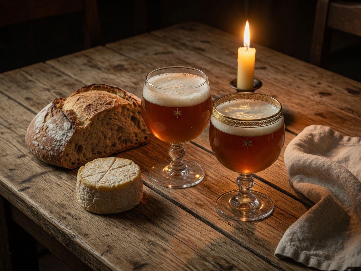 Two Beer Goblet glasses on a tavern table with bread, cheese, and a candle