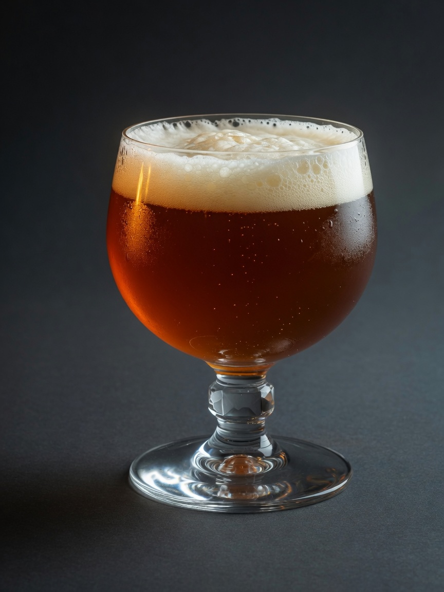 Abbey 33 goblet filled with amber ale and a creamy head