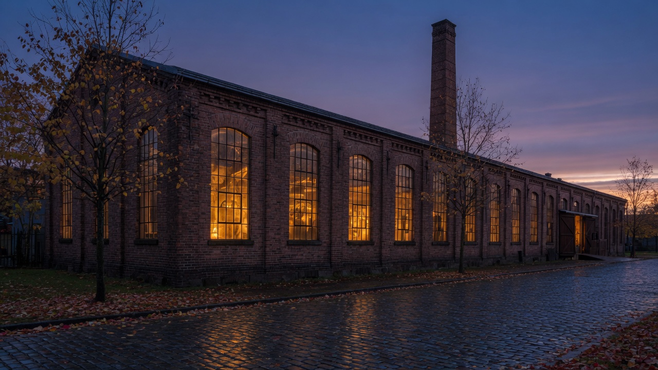 The glassworks at dusk